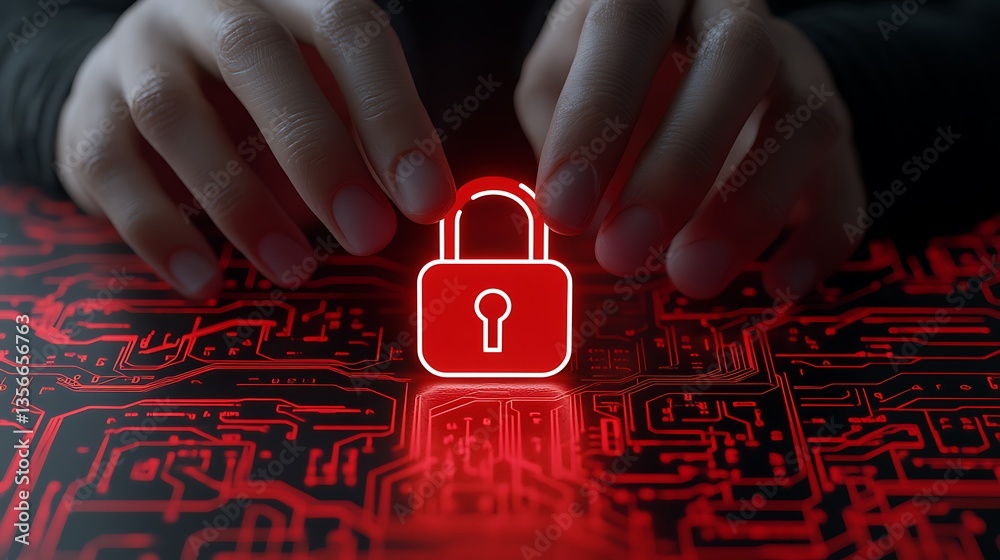 Poster hands placing red lock icon on digital circuit board background representing cybersecurity and data 