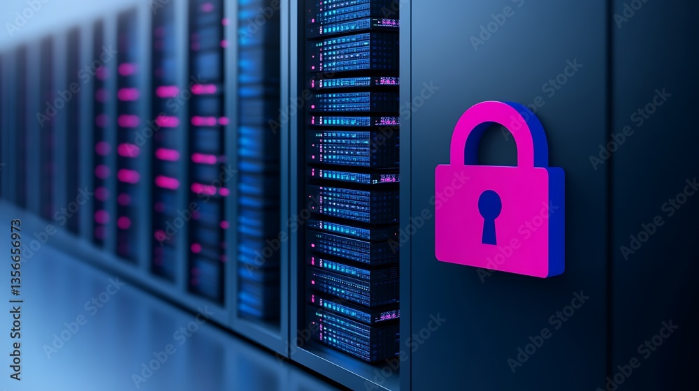 Poster high-tech data center with secure lock icon symbolizing cybersecurity and data protection in digital