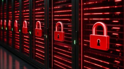 High-tech data center with illuminated red servers featuring digital padlocks for cyber security protection