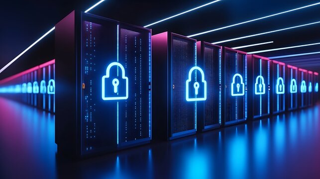 High-Tech Data Center with Neon Lock Icons Signifying Cybersecurity and Data Protection
