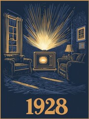 A cozy living room from 1928 is depicted with two armchairs facing a vintage television. The TV emits bright rays of light, illuminating the dark walls, while a lamp and window add to the atmosphere.