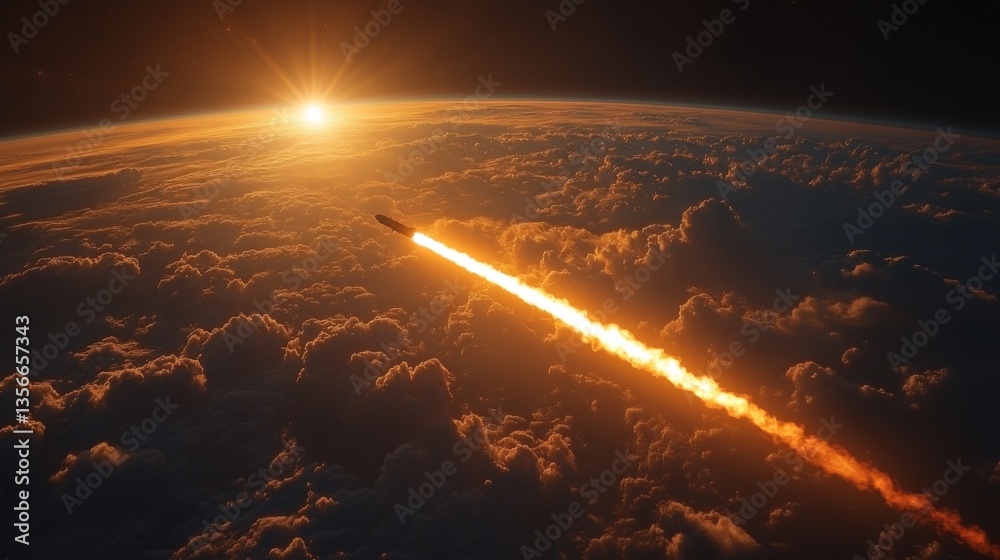 Poster a rocket ascends into the sky at dawn, creating a bright trail as it powers through the atmosphere, 
