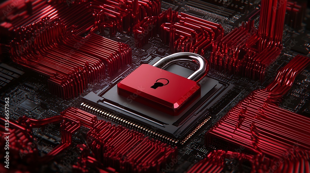 Poster lock and circuit board connection representing digital security and protecting data from cyber threa