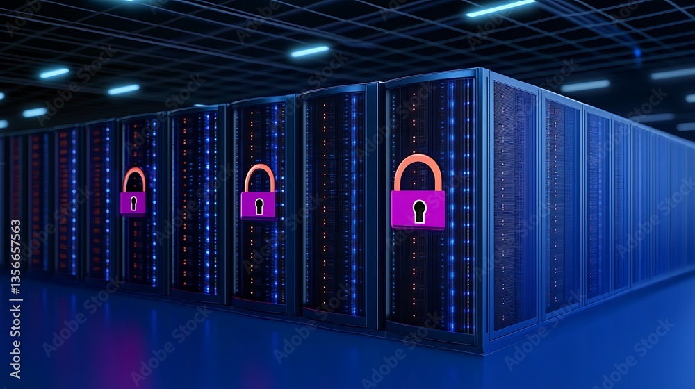 Poster modern data center with digital lock symbol representing cybersecurity and data protection in techno