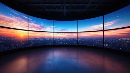 Vibrant sunset view from a led wall classroom urban landscape digital environment modern concept