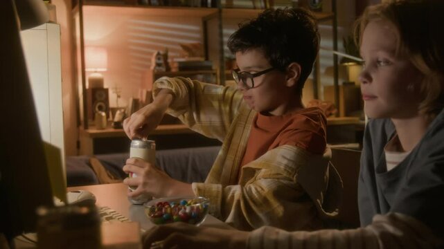 Shot of cute young boy wearing thick glasses and opening soda can while playing video games with friend using computer in warm toned 90s setting