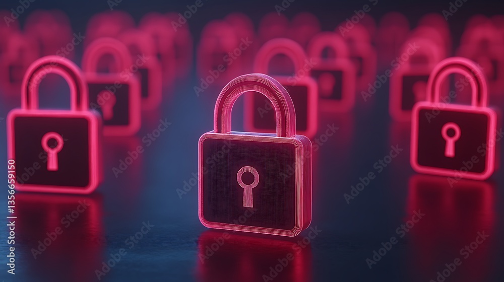 Poster neon locks with open keyhole symbol on a dark background representing security and protection concep