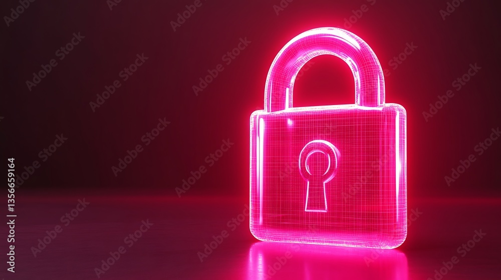 Poster Neon Pink Digital Lock Icon with Keyhole in Futuristic Design on Dark Background for Cybersecurity Concepts