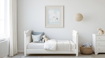Serene Childs Bedroom with White Cot Framed Artwork and Wicker Basket of Plush Toys Comfort