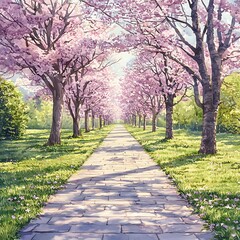 Naklejka premium Serene Spring Path A Tranquil Walkway Lined with Cherry Blossoms.