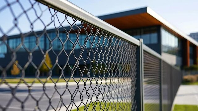 A chain-link fence in front of a modern office building, blending industrial durability with sleek design.