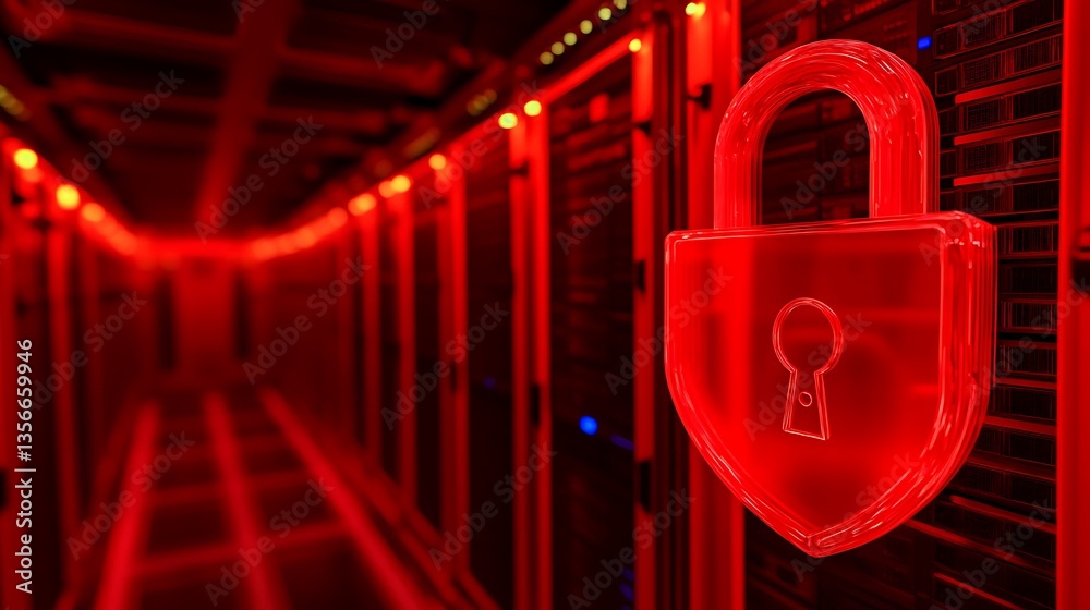 Poster Neon Red Lock Symbol on Server Rack Creating a Sense of Security in a Data Center Environment