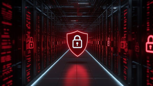 Neon Shield Symbolizing Cybersecurity and Data Protection in a High-Tech Server Environment