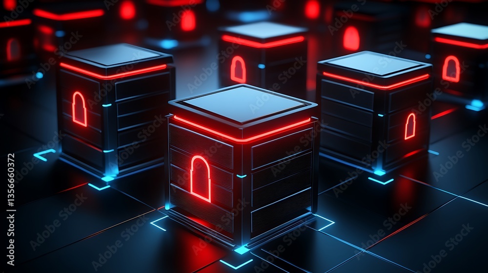 Poster new technology digital locks and secure data storage concept with glowing elements on a dark backgro