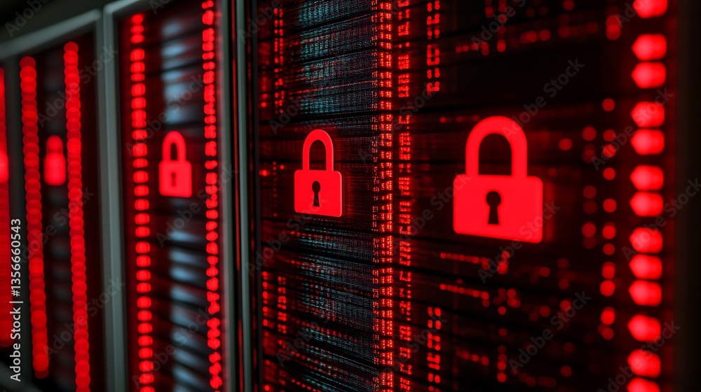 Poster red background with padlock icons representing data security technology and cybersecurity concepts