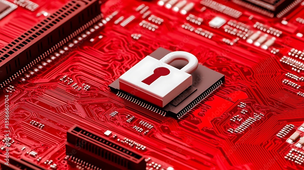 Poster red circuit board with security lock icon symbolizing cybersecurity and data protection concepts