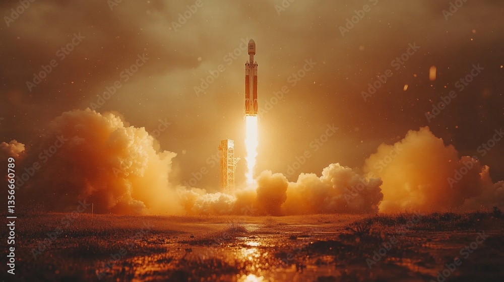 Poster a rocket is launching into the sky, creating a massive plume of smoke and fire against a stunning su
