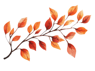 Watercolor painting of a branch with vibrant orange and red leaves against a black background space   