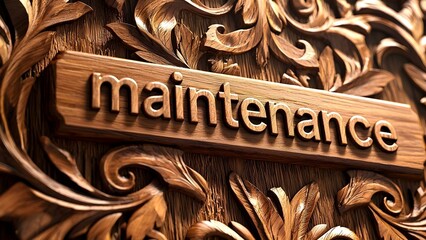 A beautifully carved wooden panel featuring the word maintenance in a decorative font amid intricate floral designs. Concept Wooden Carving, Decorative Font, Floral Designs, Intricate Artistry