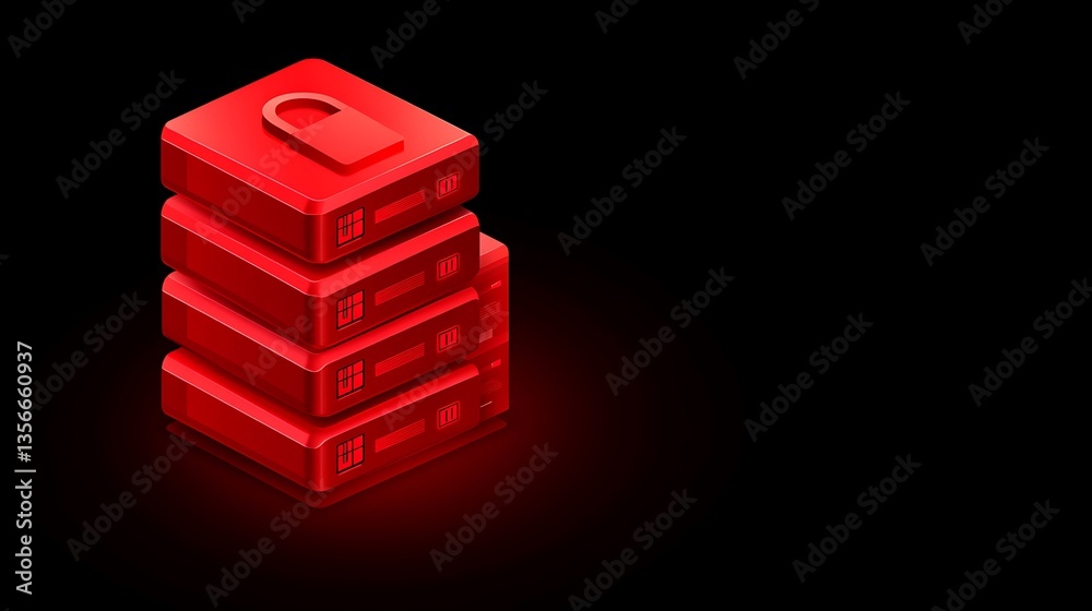 Poster red database server with a locked symbol on a dark background representing security in data manageme