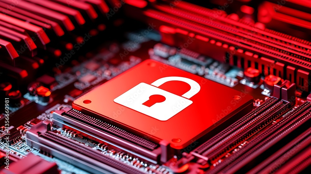 Poster red digital background with lock symbol on circuit board, cybersecurity concept for data protection 