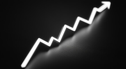 A white, glowing arrow line graph ascending on a black background.