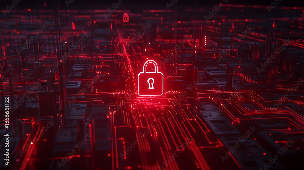 Poster red digital lock icon on cyber background with circuit lines representing data security and protecti