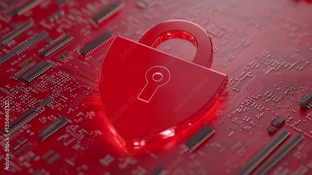 Poster red digital lock symbol on circuit board background representing cybersecurity and data protection c