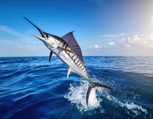 Naklejka premium big marlin fish jump out on blue ocean nature background