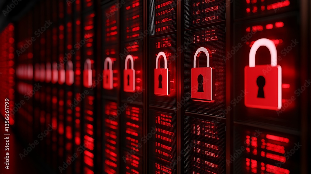 Poster red digital security locks on server data storage displaying concepts of cybersecurity and data prot