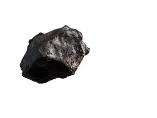 A dark space rock or meteorite floating in the void against a black background in outer space