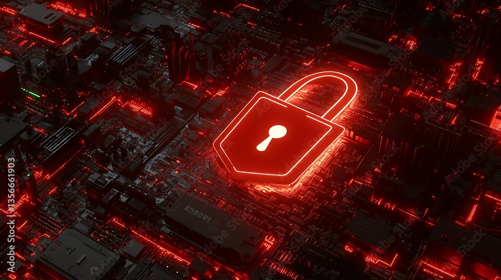 Poster red glowing padlock symbol on a digital circuit board with glowing lights and high-tech elements in 