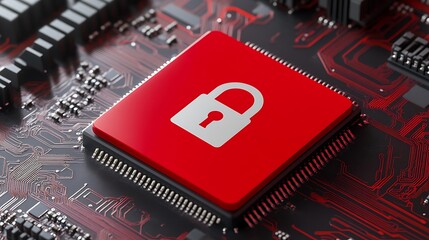 Red Lock Icon on Circuit Board Background Symbolizing Data Security and Digital Protection Concepts
