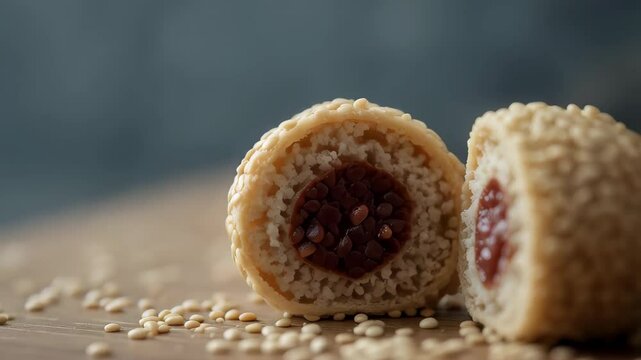 Delicious Sesame Balls Cut in Half Revealing Sweet Red Bean Paste Filling A Close Up Shot of Traditional Asian Sweets