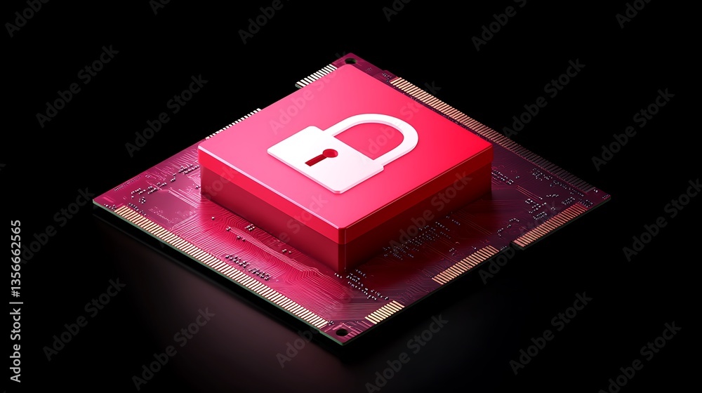 Poster red microprocessor with security lock symbol on black background for digital safety and technology c