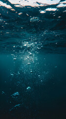 A deep blue underwater background with floating bubbles.