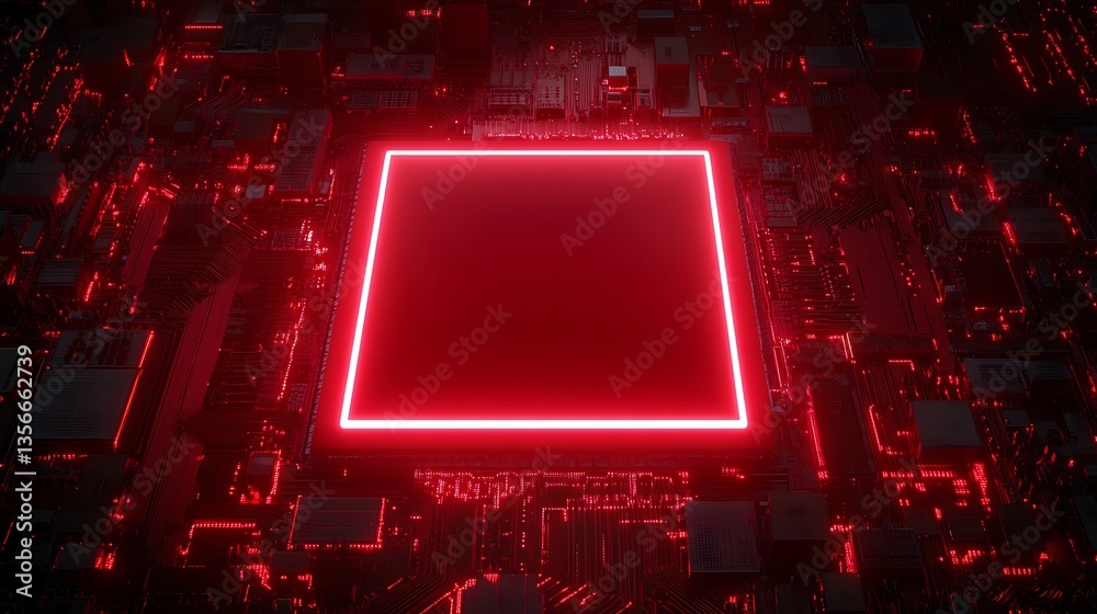 Poster Red Neon Light Square Centered on a High-Tech Circuit Board with Illuminated Components and Digital Aesthetics