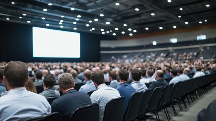 Attendees listen to speakers at medical conference in large auditorium
