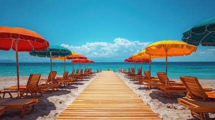 Colorful Beach Umbrellas and Lounge Chairs on Wooden Boardwalk