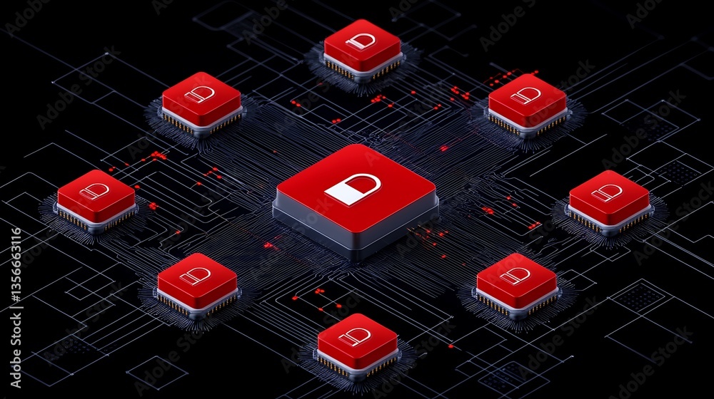Poster red padlock icon on central microchip surrounded by smaller chips representing cybersecurity and dat