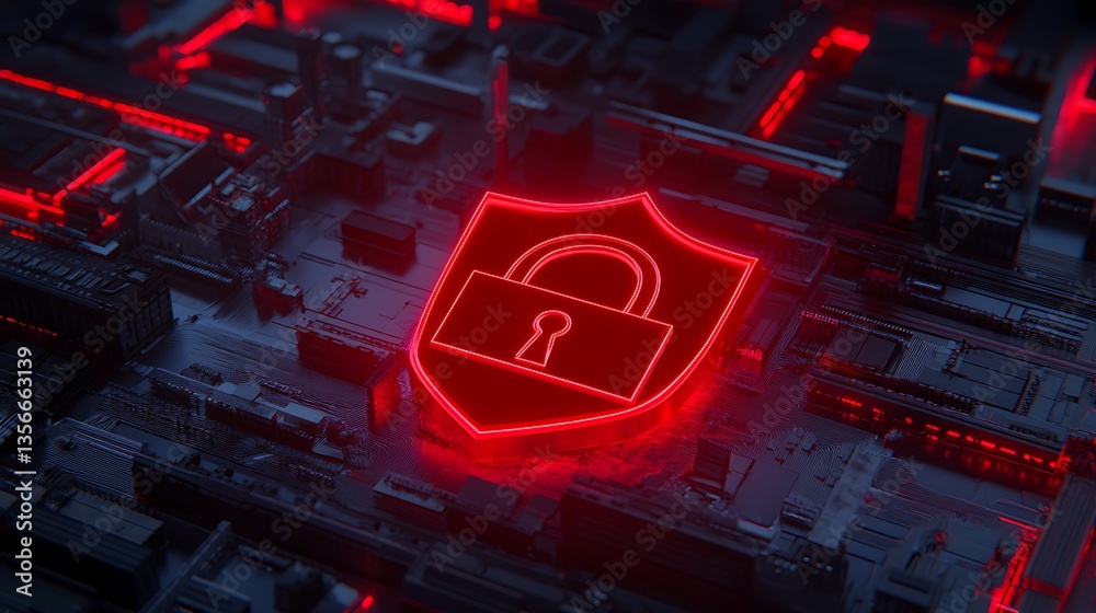 Poster red neon shield with lock symbol on modern circuit board background for cybersecurity and technology