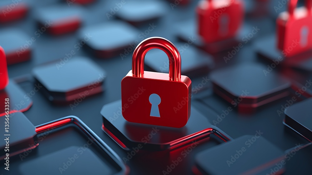 Poster red padlock on digital circuit board background representing security, protection, and data encrypti