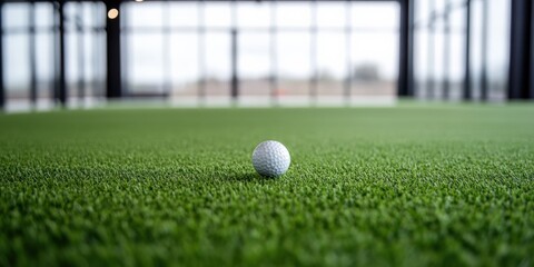 Golf ball resting on artificial green, focus on the precision and skill development concept.