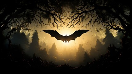 Majestic Silhouette of a Bat Soaring Through an Enigmatic Forest at Dusk
