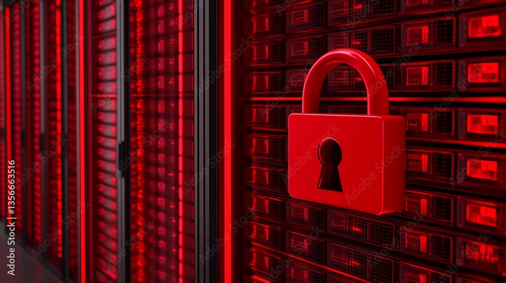 Poster red padlock on secure data server in a modern technology environment with digital security themes