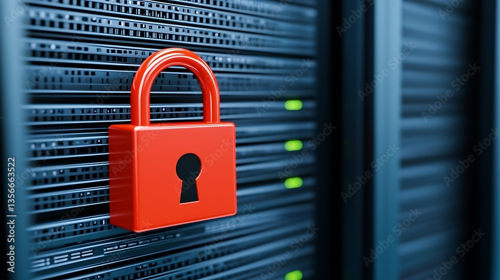 Poster red padlock on server rack representing data security and cyber protection concepts in modern techno