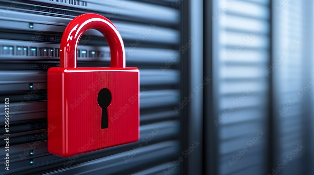 Poster red padlock on server shelf illustrating data security and protection in digital environment for cyb