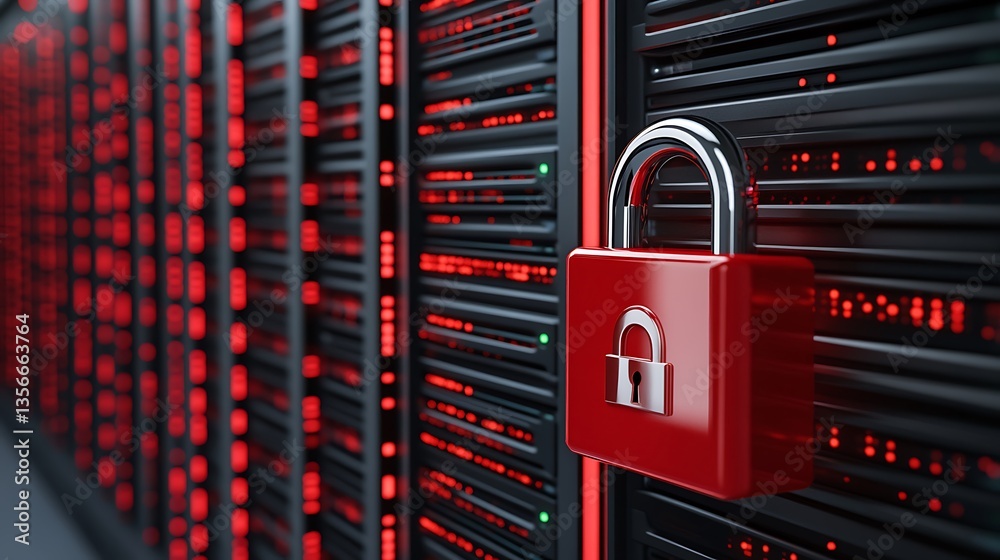 Poster red padlock securing data in a server room surrounded by rows of digital storage with glowing lights