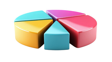 Obraz premium Colorful three-dimensional pie chart on a transparent background. The chart is divided into five segments of different colors: turquoise, yellow, turquoise, pink and red.