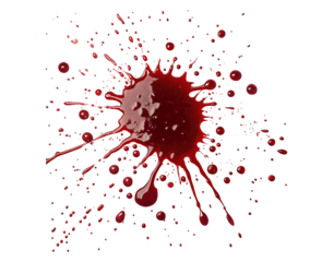Realistic blood splatter isolated on a white transparent background, PNG cutout style, detailed droplets, messy and chaotic spray pattern